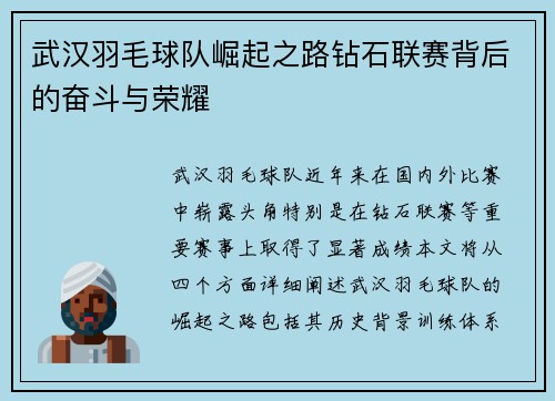 武汉羽毛球队崛起之路钻石联赛背后的奋斗与荣耀