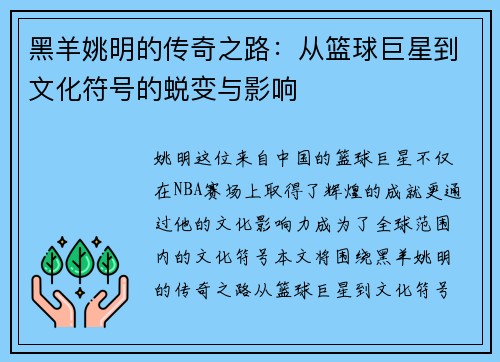 黑羊姚明的传奇之路：从篮球巨星到文化符号的蜕变与影响